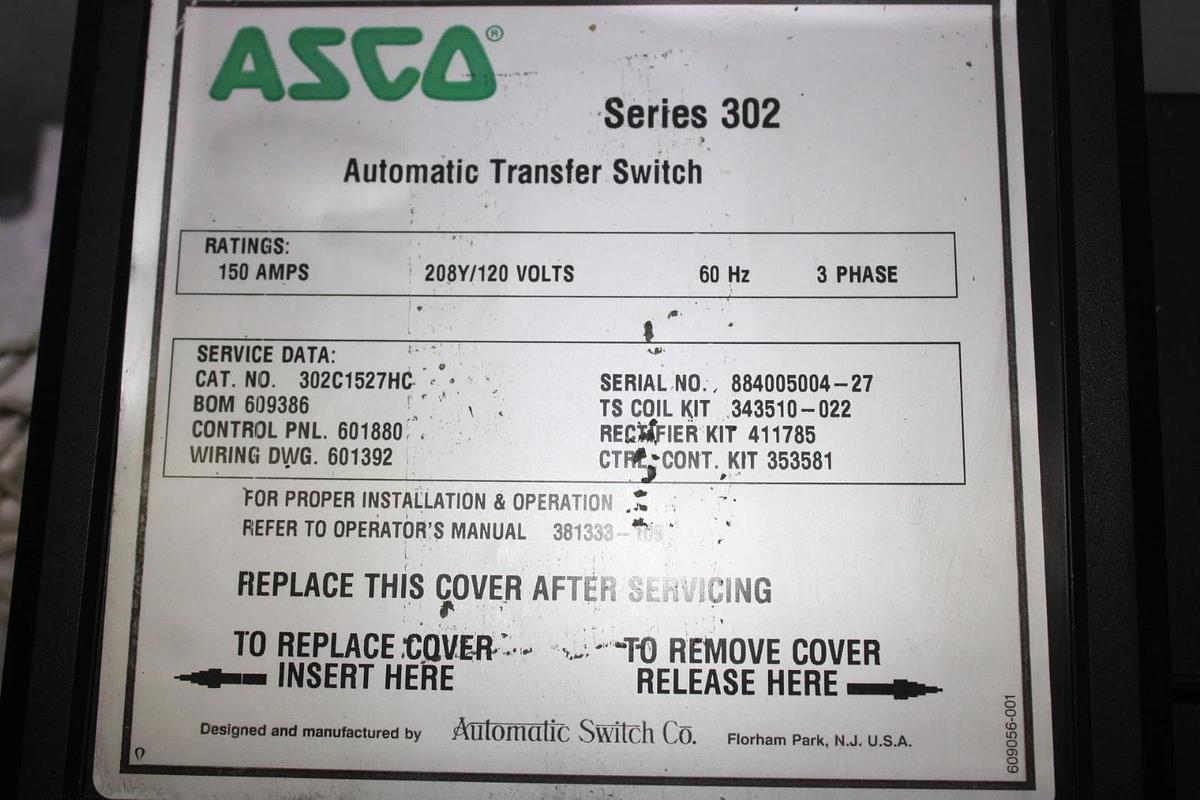 Used ASCO AUTOMATIC TRANSFER SWITCH SERIES 302 302C1527HC 208V 150 AMP 3-PHASE