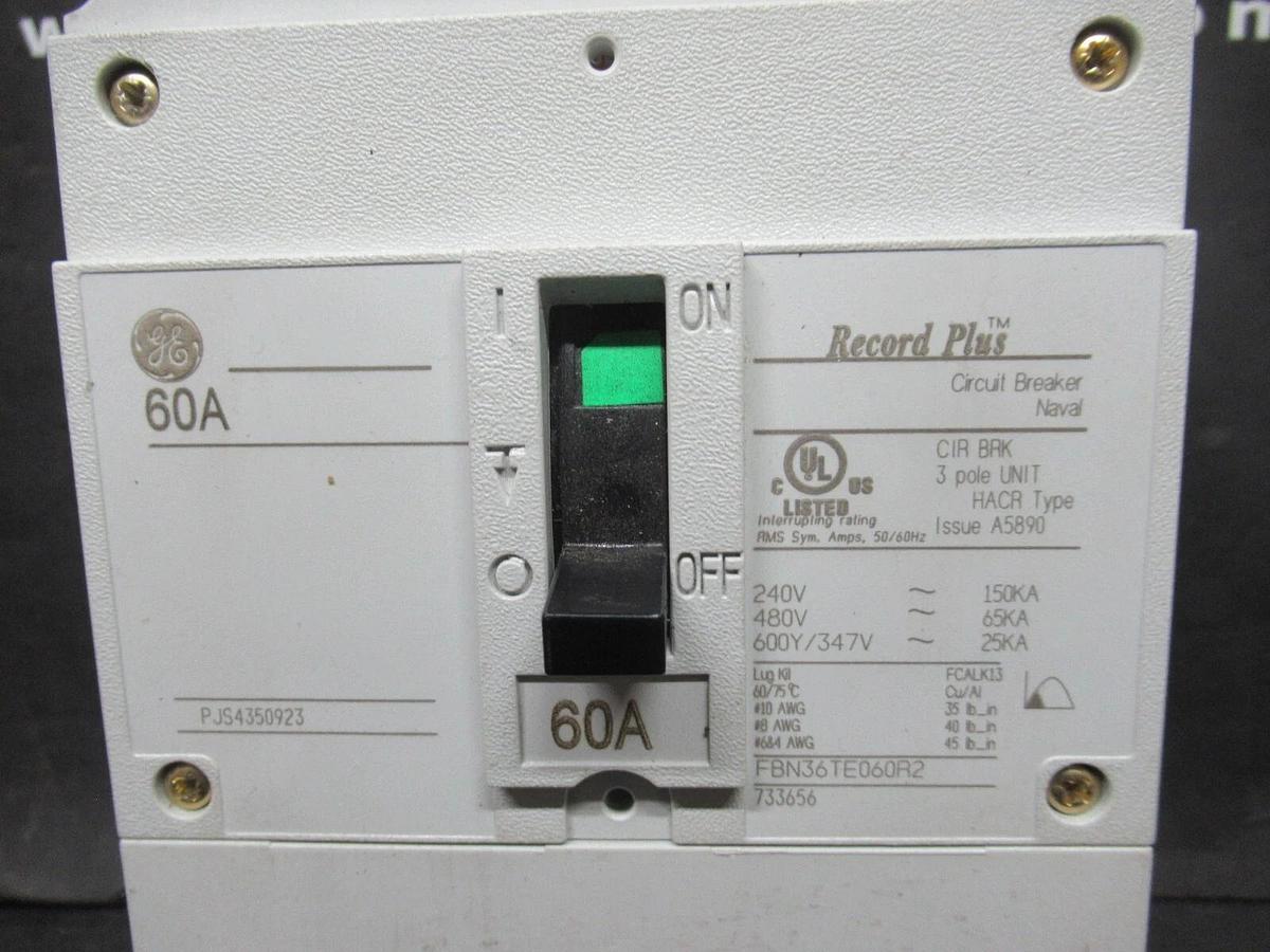 Used GE BREAKER RECORD PLUS FBN36TE060R2 TYPE: HACR 60 AMP 600 VAC **WARRANTY**