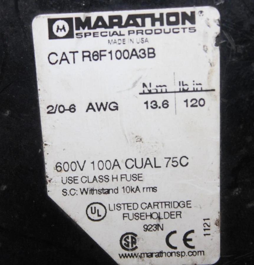 Used MARATHON FUSE HOLDER R6F100A3B 3-POLE 600 VOLT 100 AMP FOR CLASS H FUSE