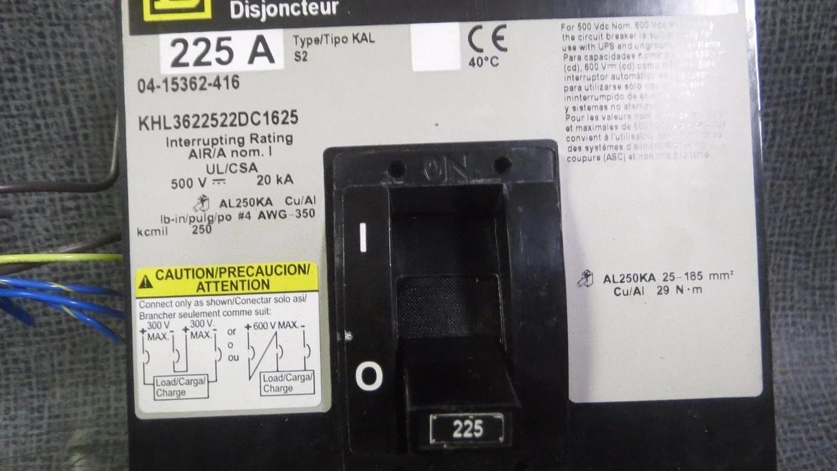 Used SQUARE D CIRCUIT BREAKER 225 AMP 600 VAC 500 VDC 3 POLE MODEL: KHL3622522DC1625