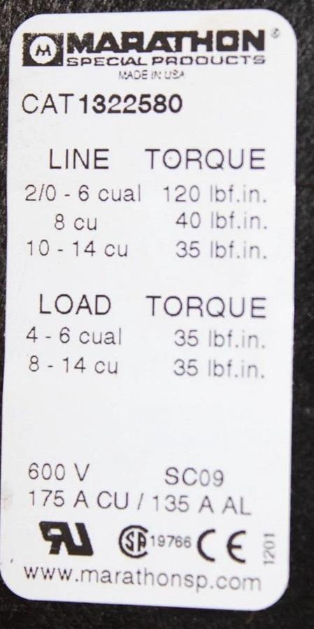 Used LOT OF 2 MARATHON POWER DISTRIBUTION LUG TERMIAL 1322580 600 VAC 175 AMP