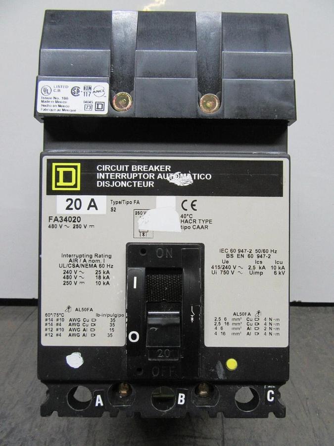 Used SQUARE D I-LINE CIRCUIT BREAKER FA34020 20 AMP 480 VAC 3-POLE **WARRANTY**