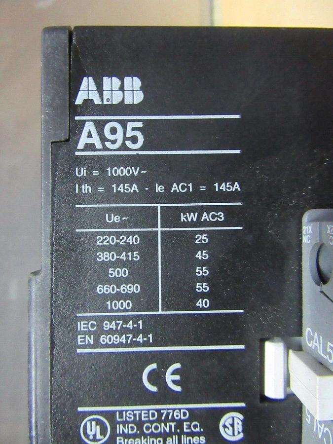 Used ABB CONTACTOR A95 125 AMP 600 VAC 75 HP 3-PHASE 3-POLE COIL: 110/120 VOLT
