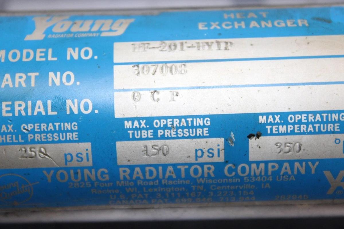 Used YOUNG HEAT EXCHANGER HF-201-HYIP 307008 250 PSI SHELL 150 PSI TUBE 350°F