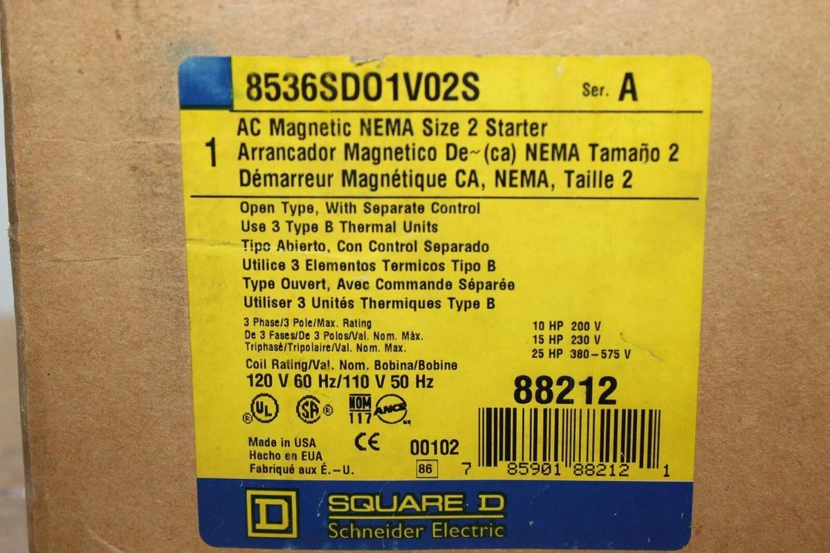 SQUARE D NEMA SIZE 2 STARTER 8536SD01V02S 600 VAC 25 HP 3-PHASE COIL: 120V *NEW*