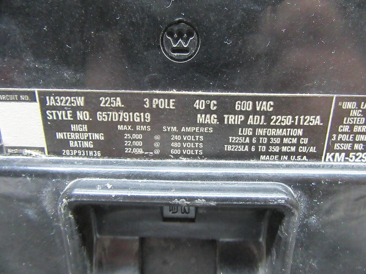 Used WESTINGHOUSE 3-POLE CIRCUIT BREAKER JA3225W 225 AMP 600 VAC **WARRANTY**