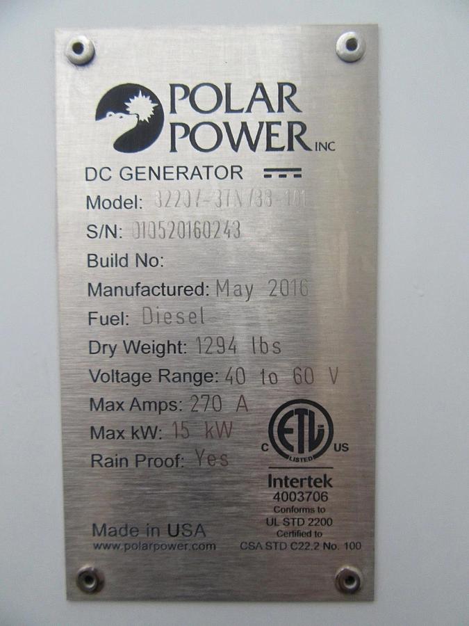 Used POLAR POWER 15KW DC GENERATOR DIESEL YANMAR 3TNV88 40-60V DC 62 HRS 2016 *VIDEO*