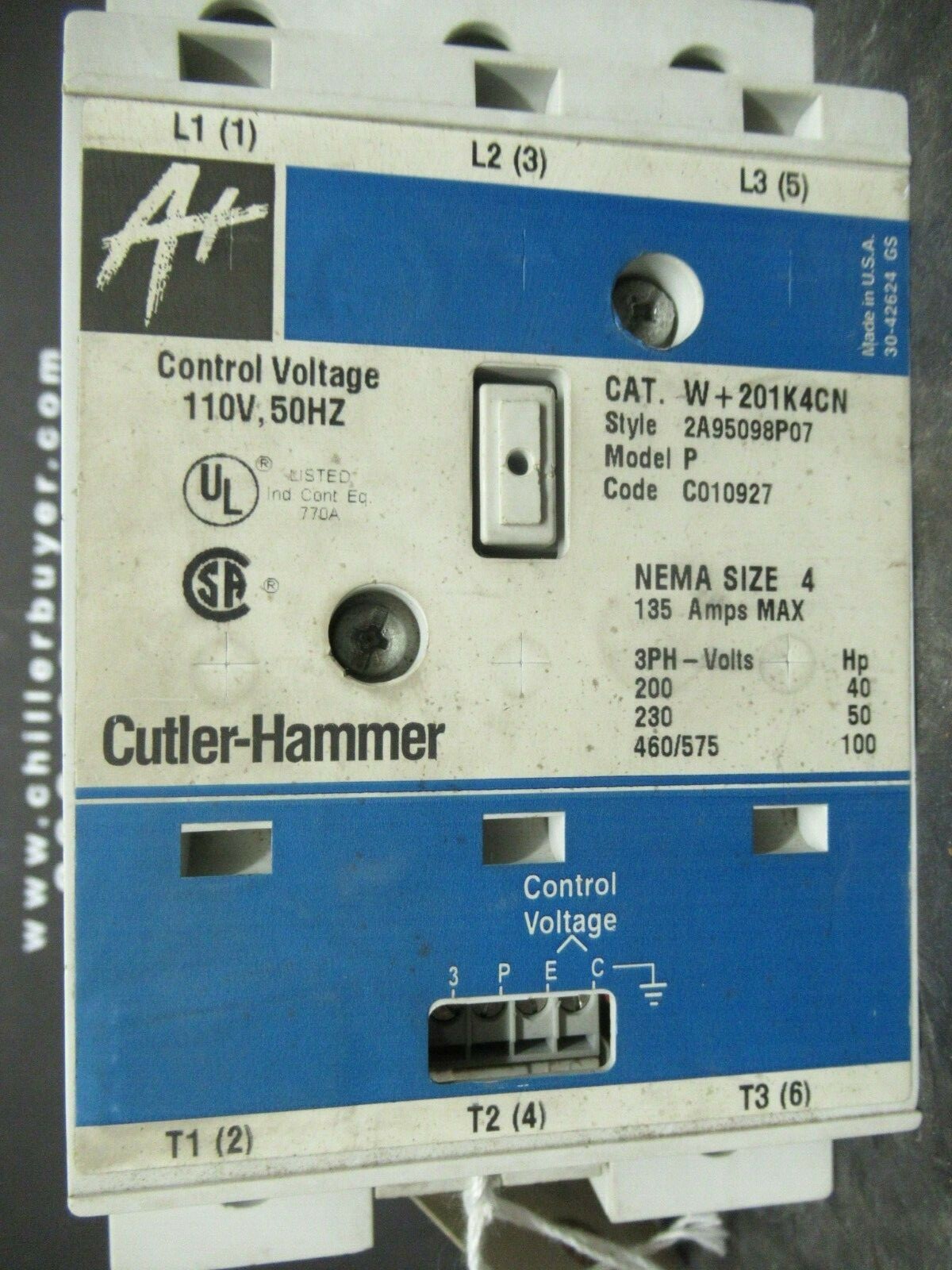 Used 135 AMP CUTLER HAMMER NEMA: 4 CONTACTOR W+201K4CN MODEL: P COIL: 120 VAC 100 HP