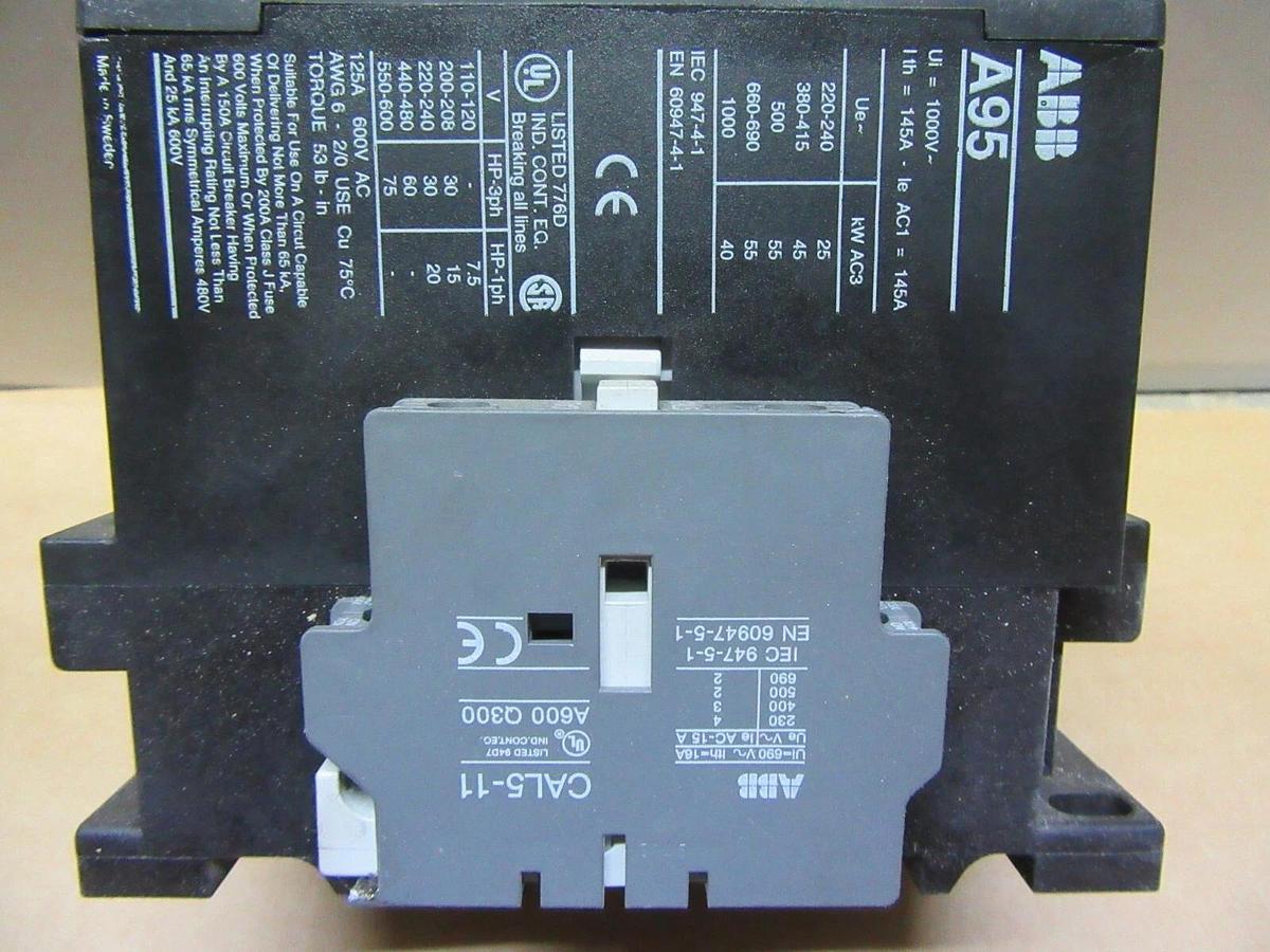 Used ABB CONTACTOR A95 125 AMP 600 VAC 75 HP 3-PHASE 3-POLE COIL: 110/120 VOLT