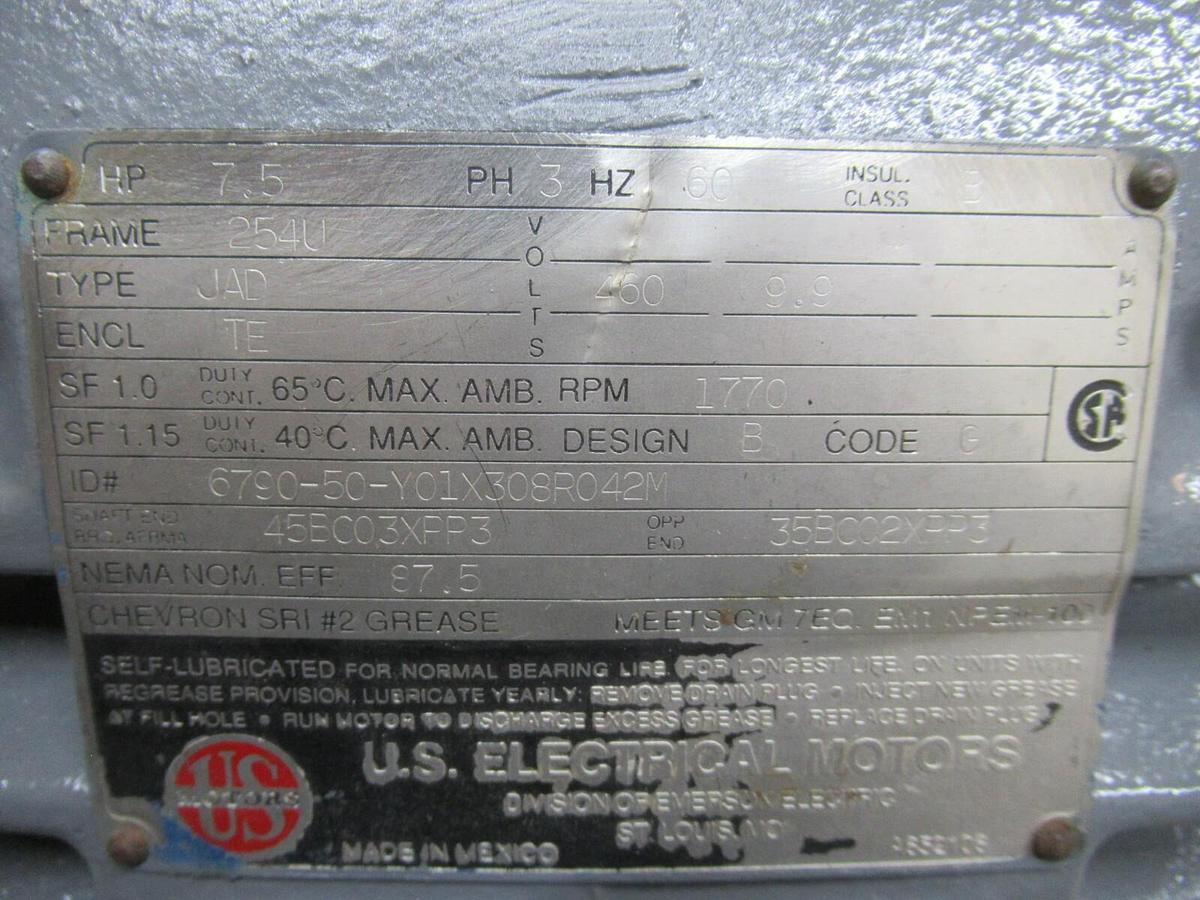 Used US ELECTRICAL MOTORS 6790-50-Y01X308R042M 254U 3 PHASE 460 VOLT 9.9 AMP 1770 RPM