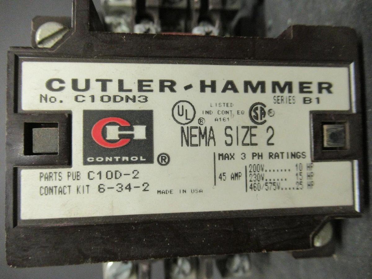 Used CUTLER HAMMER CONTACTOR C10CDN3 SER. B1 45 AMP 600 VAC 25 HP NEMA SIZE: 2