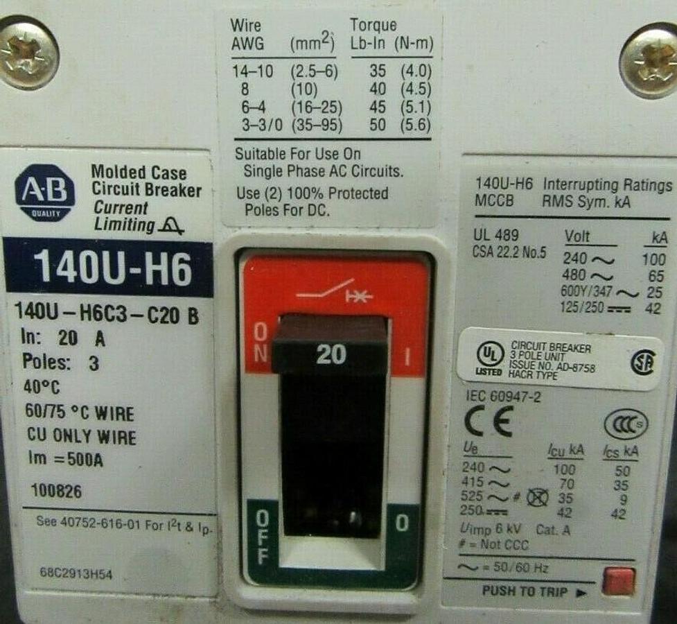Used 20 AMP ALLEN BRADLEY BREAKER 140U-H6C3-C20 SER. B 3 POLE 480 VAC **WARRANTY**
