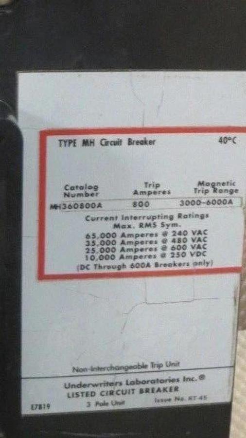 Used CUTLER HAMMER MH BREAKER 800 AMP 600 VAC 3 POLE W/ 800 AMP TRIP MODEL MH360800A
