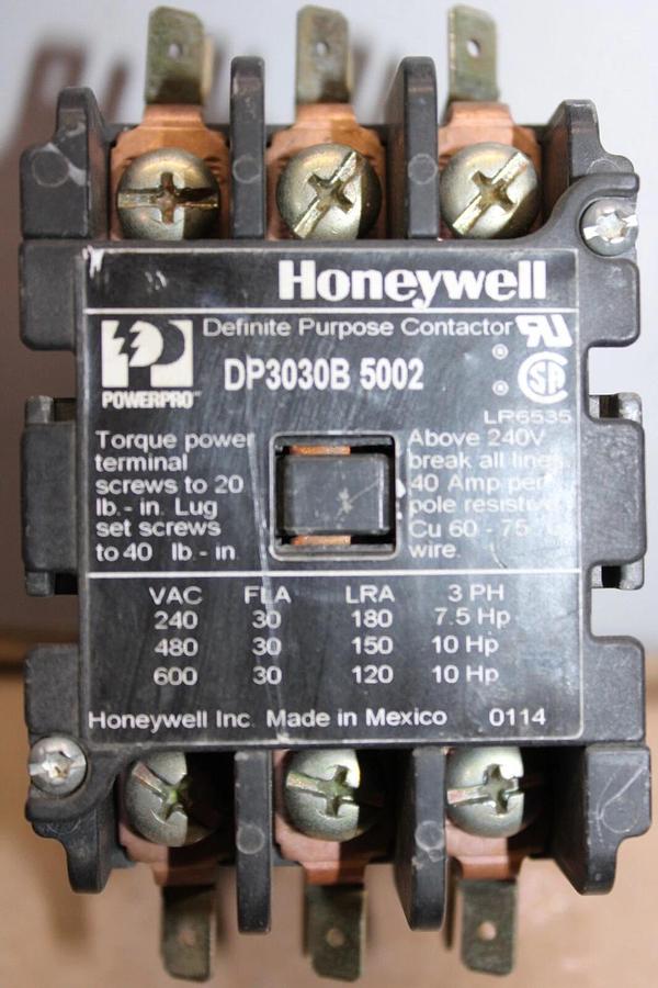 Used HONEYWELL CONTACTOR DP3030B-5002 30 AMP 600 VOLT 10 HP COIL: 120V