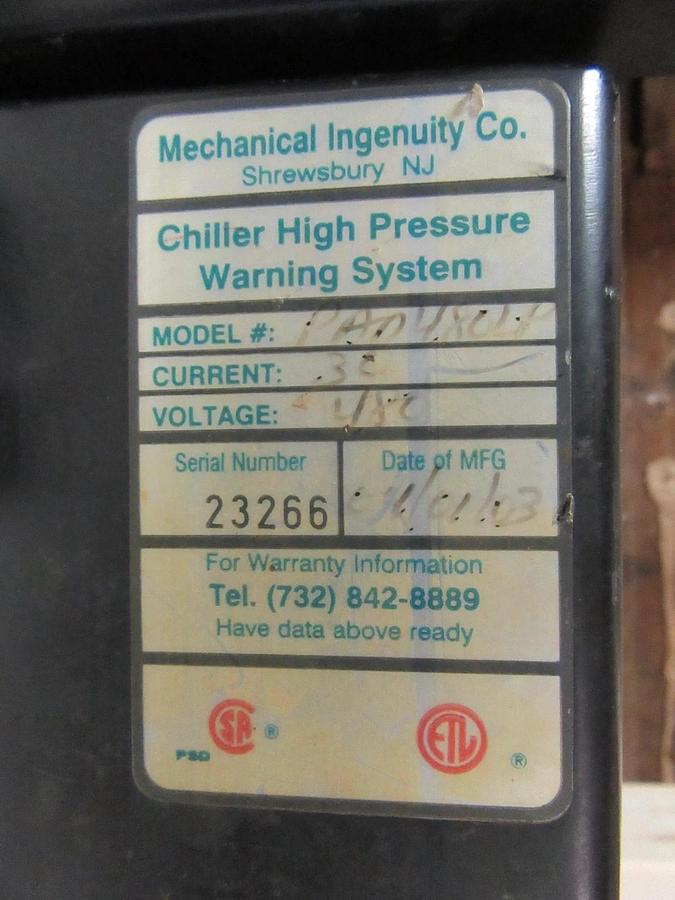 Used MECHANICAL INGENUITY PRELERT & PREVAC CHILLER PRESSURE / LEAK PREVENTION SYSTEM