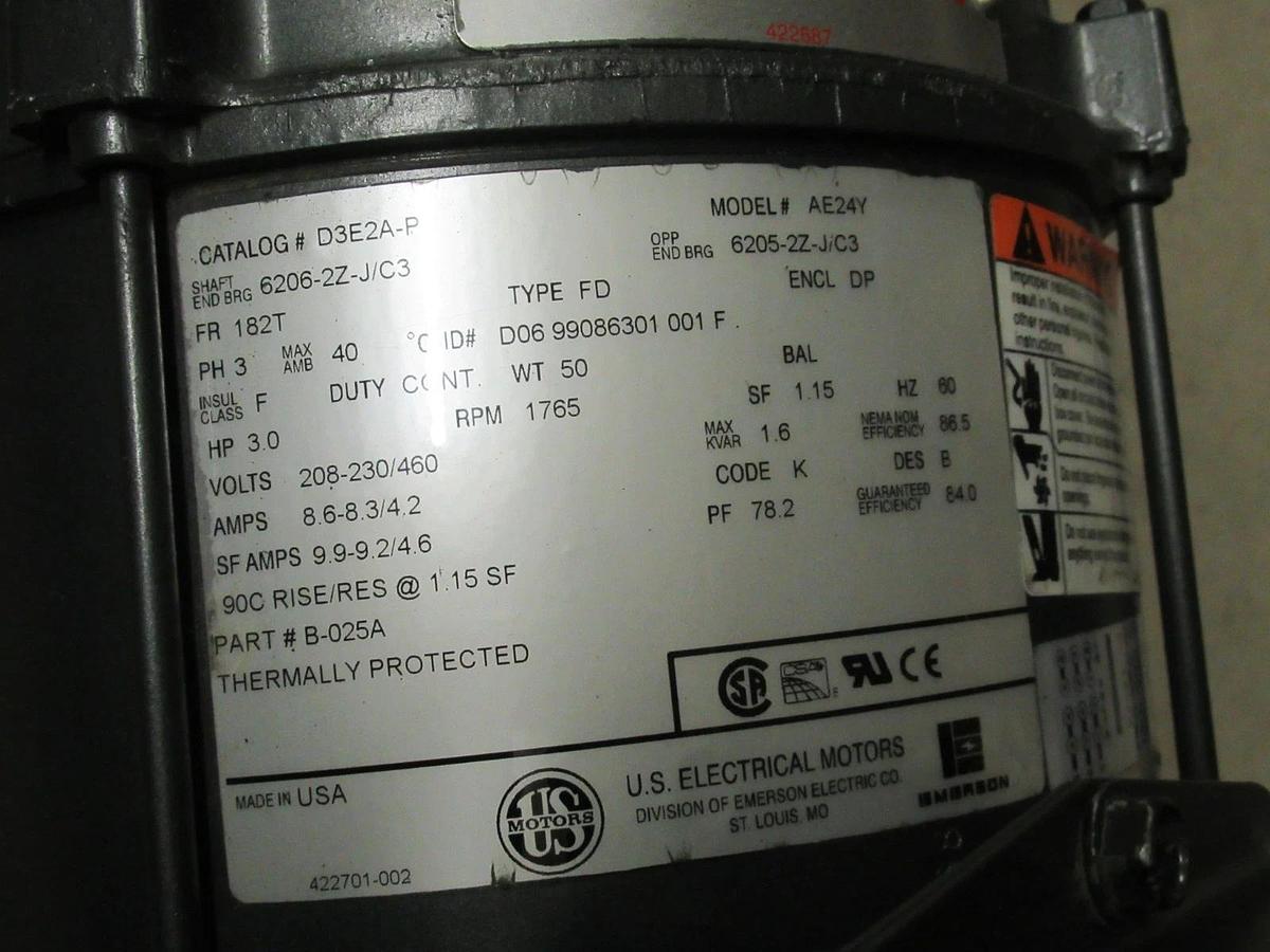 Used US MOTORS AC MOTOR D3E2A-P AE24Y 208 230 460V 60HZ 3HP 3PHASE 1765RPM ENCL. DP