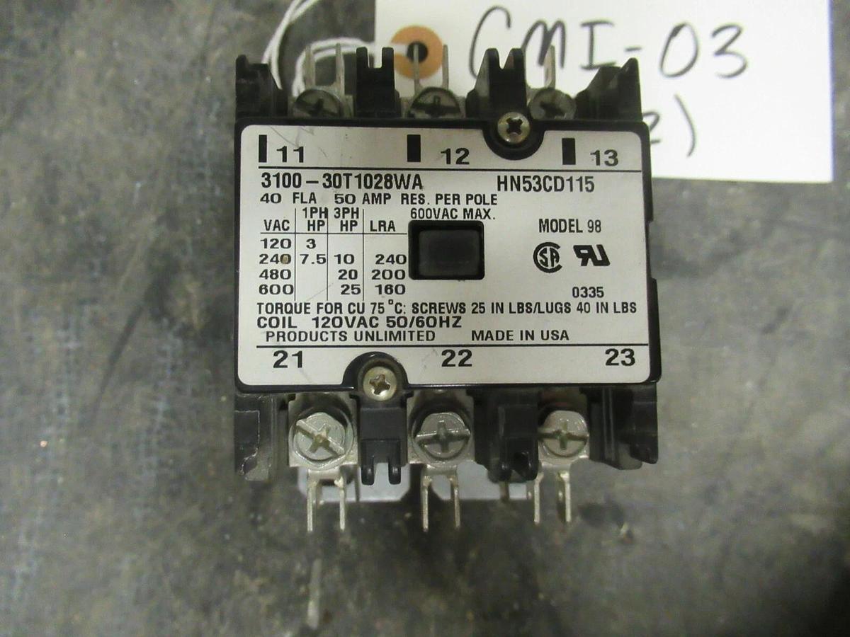 Used (1) HN53CD115 CONTACTOR 40 AMP 600V 3 PH 120V COIL CARRIER / PRODUCTS UNLIMITED