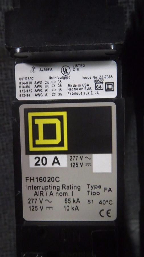 (1) SQUARE D I-LINE CIRCUIT BREAKER FH16020C SINGLE POLE 20 AMP 277 VAC