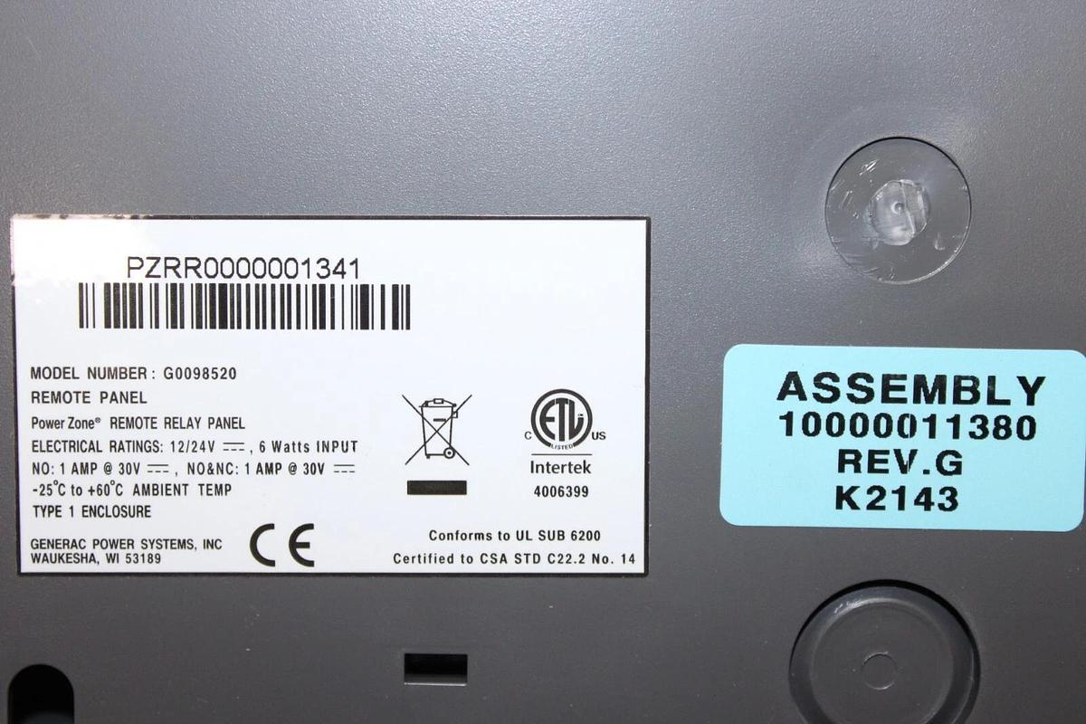 GENERAC REMOTE RELAY PANEL G0098520 10000011380 REV. G PZRR0000001341 *NEW*