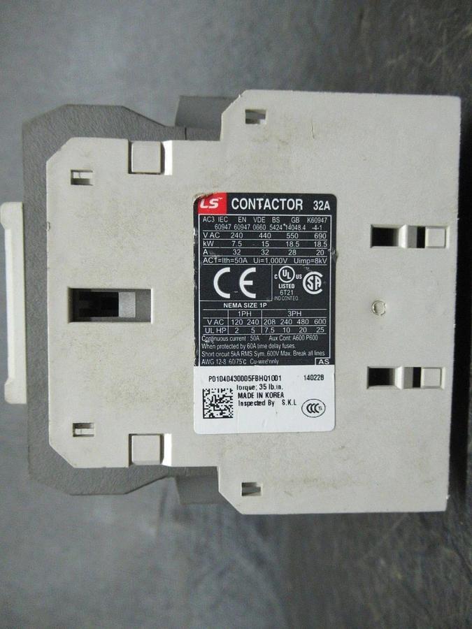Used LS CONTACTOR MC-32A 600V 50A 25HP 3-POLE 3-PHASE COIL: 120V