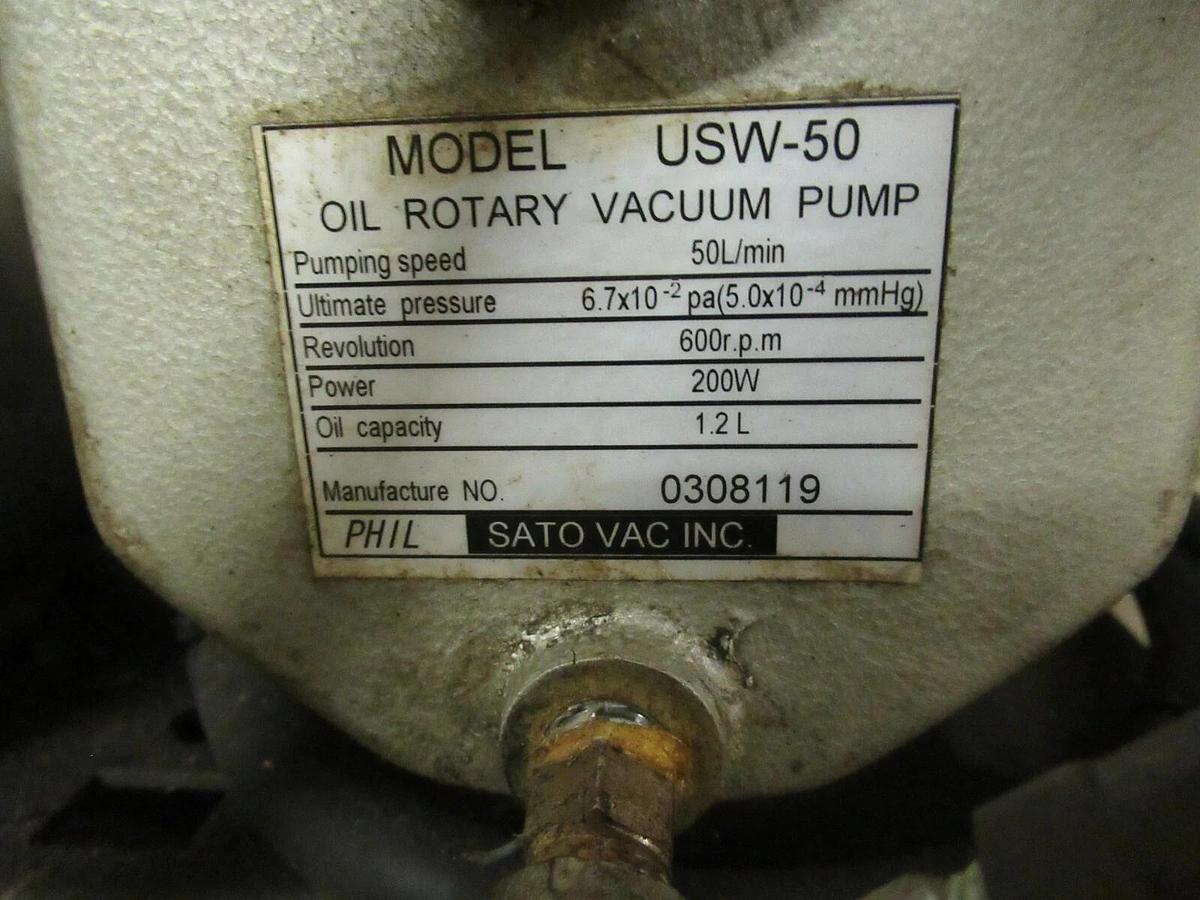 Used SATO VAC PHIL OIL ROTARY VACUUM PUMP USW-50 W/ MITSUBISHI SUPERLINE SF-JR MOTOR