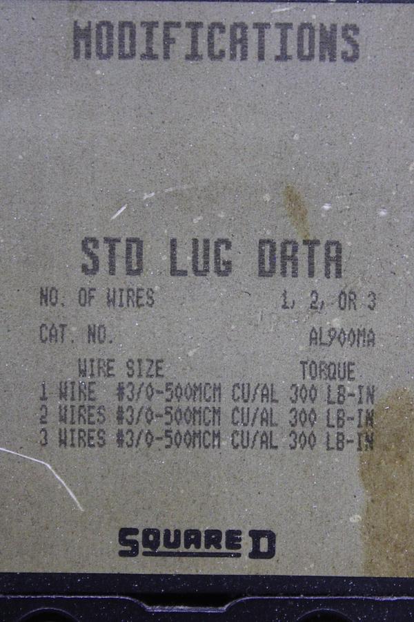 Used SQUARE D POWERPACT PLUG-IN SUB-FEED LUG SL800 SERIES 2 800 AMP 600 VAC 3-POLE