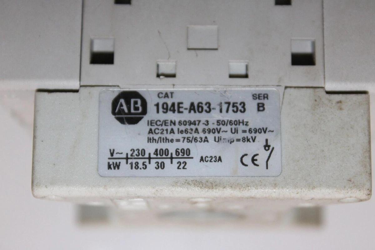 Used ALLEN BRADLEY LOAD SWITCH 194E-A63-1753 SER. B 600 VAC 63 AMP 3-PHASE 25 HP