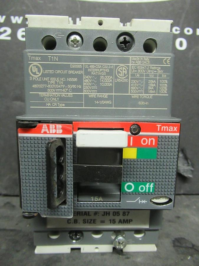 Used ABB BREAKER TMAX T1N 15 AMP 240/480/600 VAC 500 VDC  3 POLE * WARRANTY *