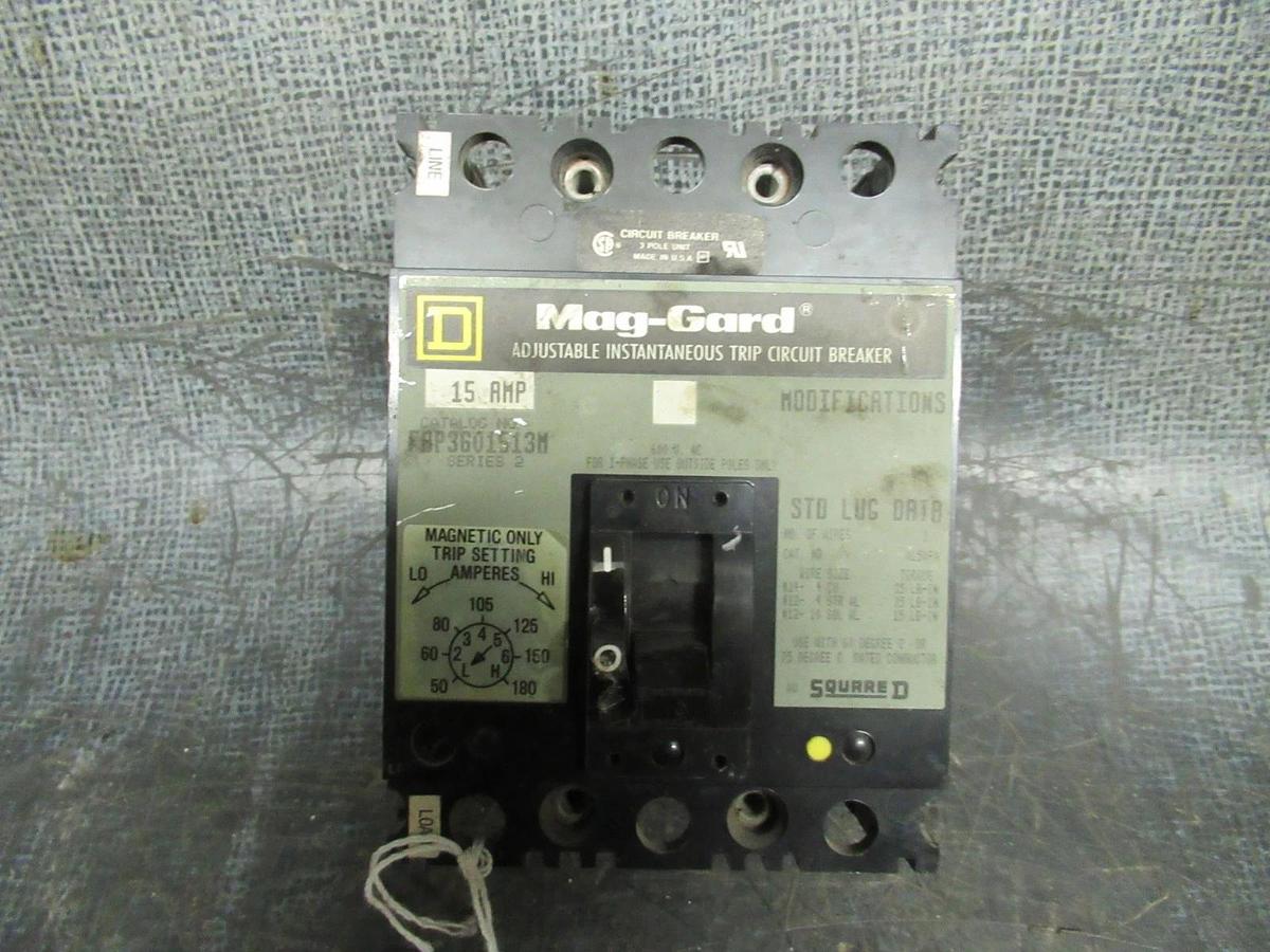 Used SQUARE D MAG-GARD BREAKER 15 AMP 600 VAC 3 POLE MODEL FAP3601513M SER 2