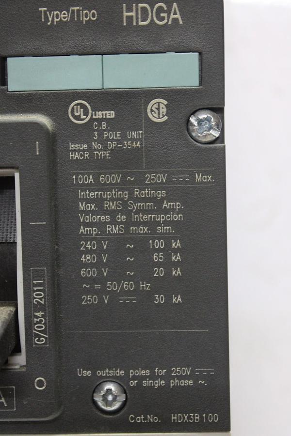 Used SIEMENS HDGA CIRCUIT BREAKER HDX3B100 100 AMP 600 VAC 3-POLE **WARRANTY**