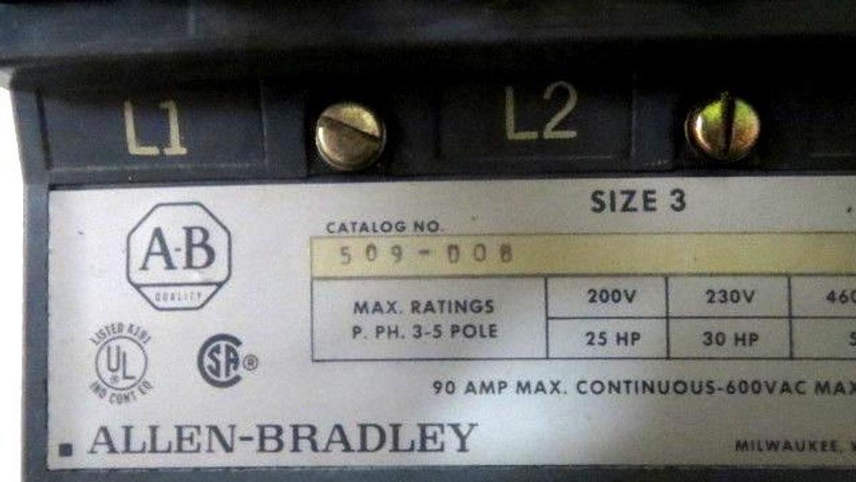 Used ALLEN BRADLEY SIZE 3 STARTER 90 AMP CONTINUOUS 600 VAC 120V COIL MODEL 509-DOB