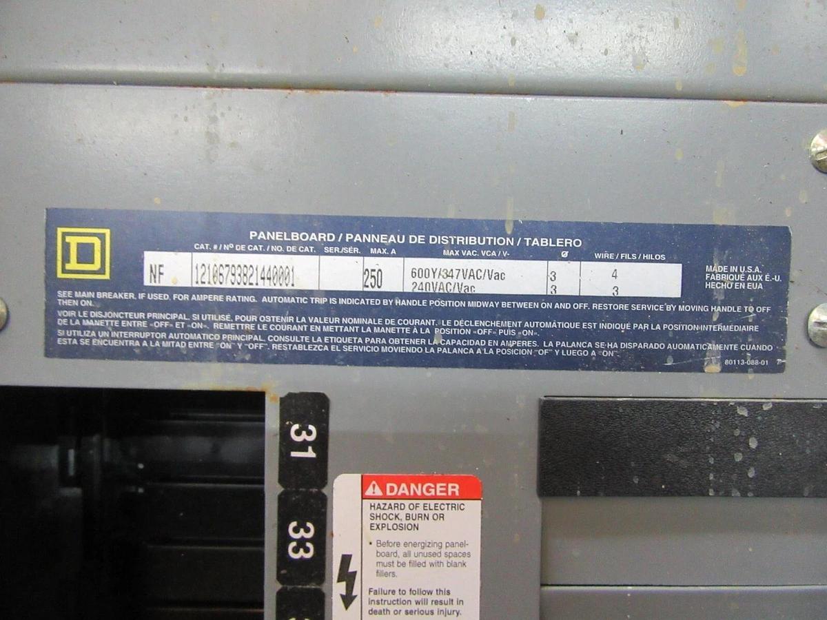 Used 250 AMP SQUARE D EDB / NF PANELBOARD PANEL MAIN LUG 3PH 4W 600 / 480V E1 PB011B