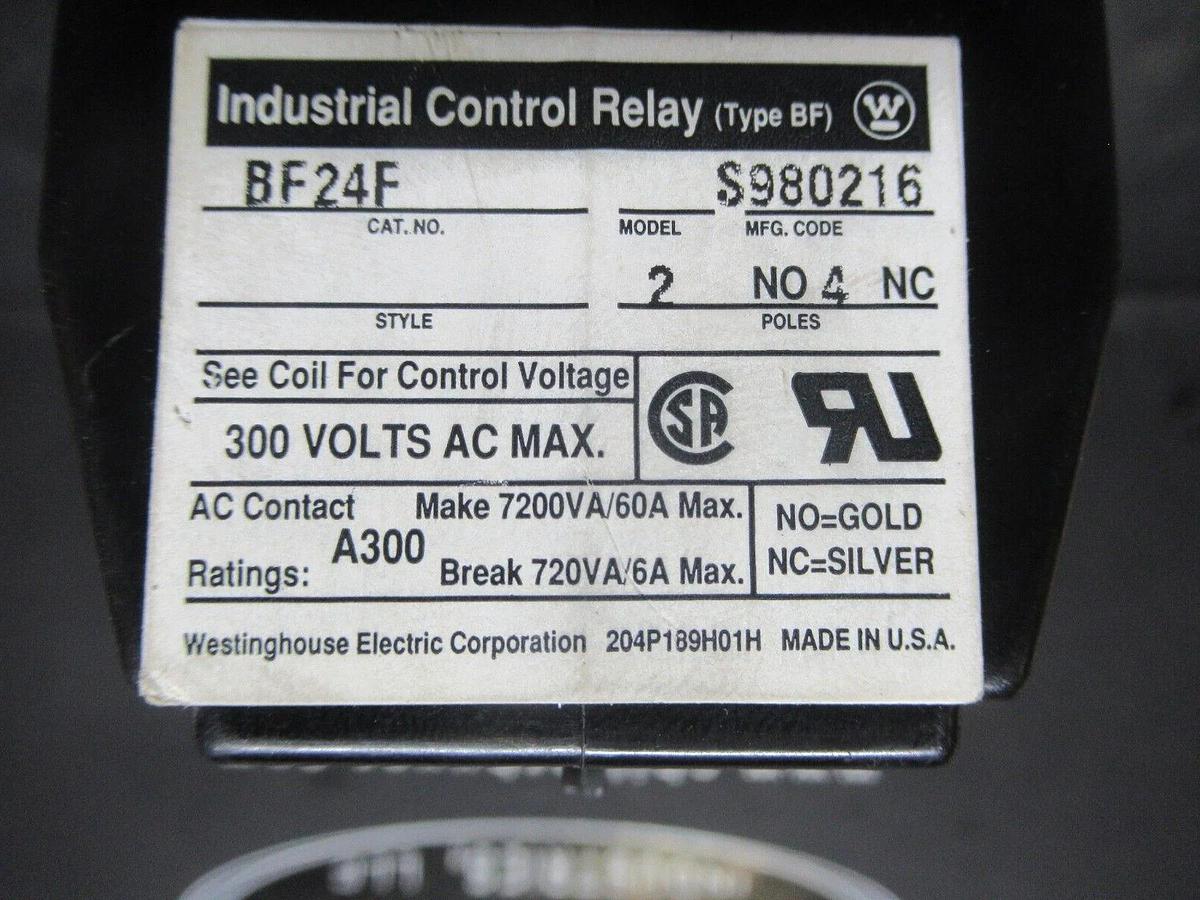 Used WESTINGHOUSE INDUSTRIAL CONTROL RELAY BF24F 110/120 VOLT **WARRANTY INCLUDED**