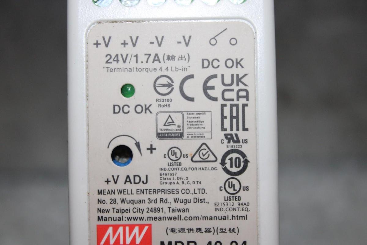 Used MEAN WELL POWER SUPPLY MDR-40-24 INPUT: 100-240 VAC 1.1A OUTPUT: 24 VDC 1.7A
