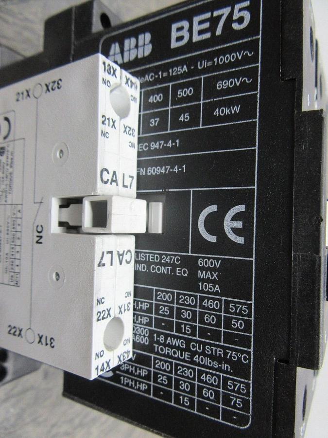 Used ABB CONTACTOR BE75 600 VAC 105 AMP 50 HP 3-PHASE COIL: 24 VDC **WARRANTY**