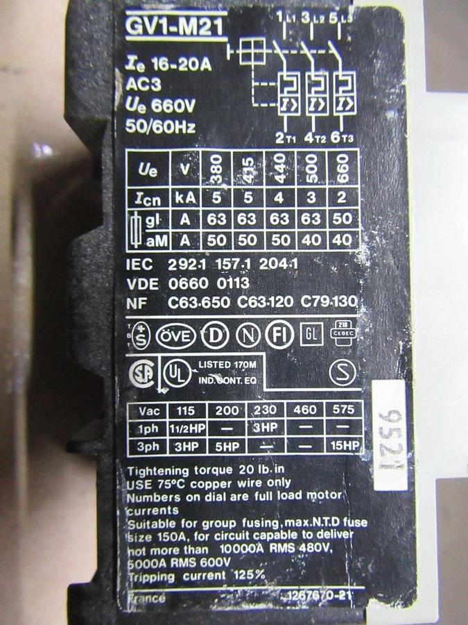 Used TELEMECANIQUE MANUAL MOTOR STARTER GV1-M21 600 VAC 15 HP 20 AMP 3-PHASE