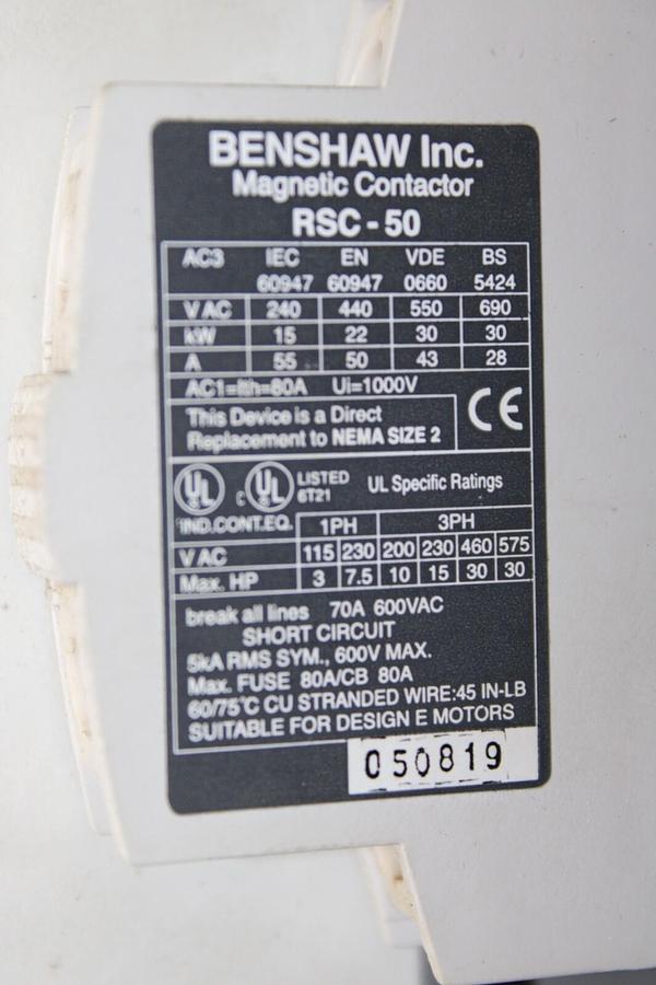 Used BENSHAW MAGNETIC CONTACTOR RSC-50 600 VAC 70 AMP 30 HP COIL: 120 VAC