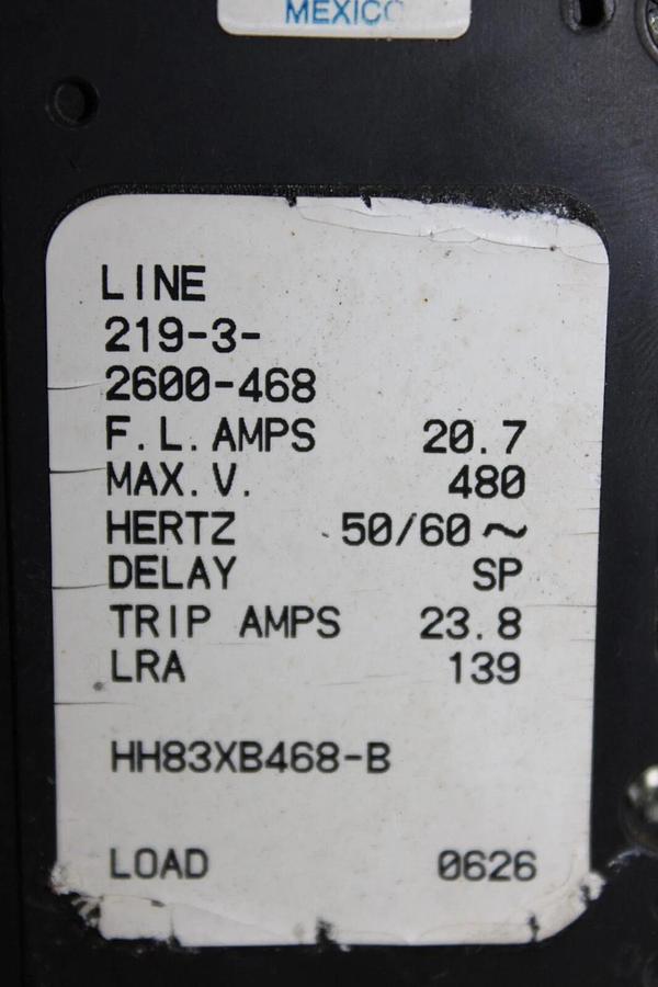 Used AIRPAX CIRCUIT BREAKER 3-POLE 219-3-2600-468 20.7-23.8 AMP 480V 50/60 HZ