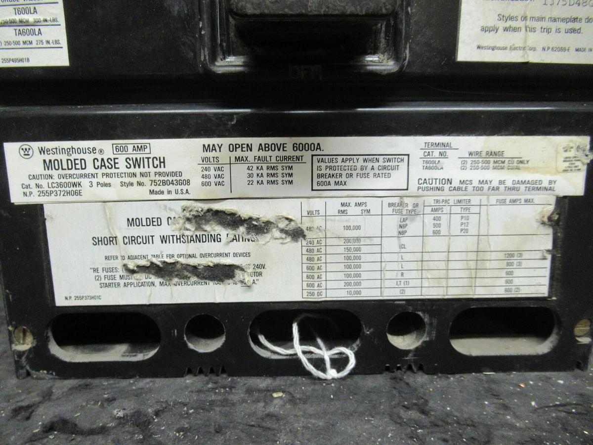 Used 600 AMP WESTINGHOUSE MOLDED CASE SWITCH LC3600WK 600 VAC 3-POLE **WARRANTY**