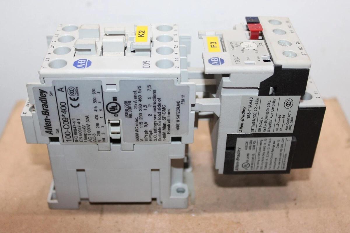 Used ALLEN BRADLEY STARTER 100-C09*400 SER. A 600 VAC 25 AMP 7.5 HP W/ 193-T1AA40