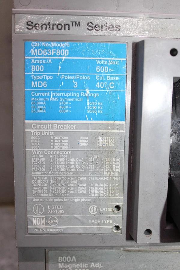 Used SIEMENS SENTRON CIRCUIT BREAKER MD63F800 800 AMP 600 VAC 3-POLE **WARRANTY**