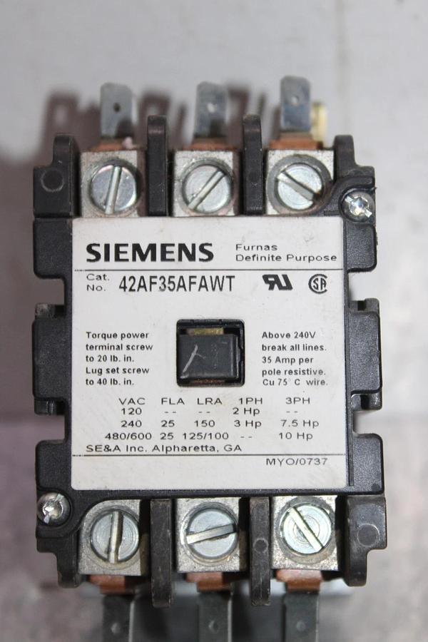 Used SIEMENS CONTACTOR 42AF35AFAWT 25 AMP 3-POLE 600 VAC COIL: 110/120V