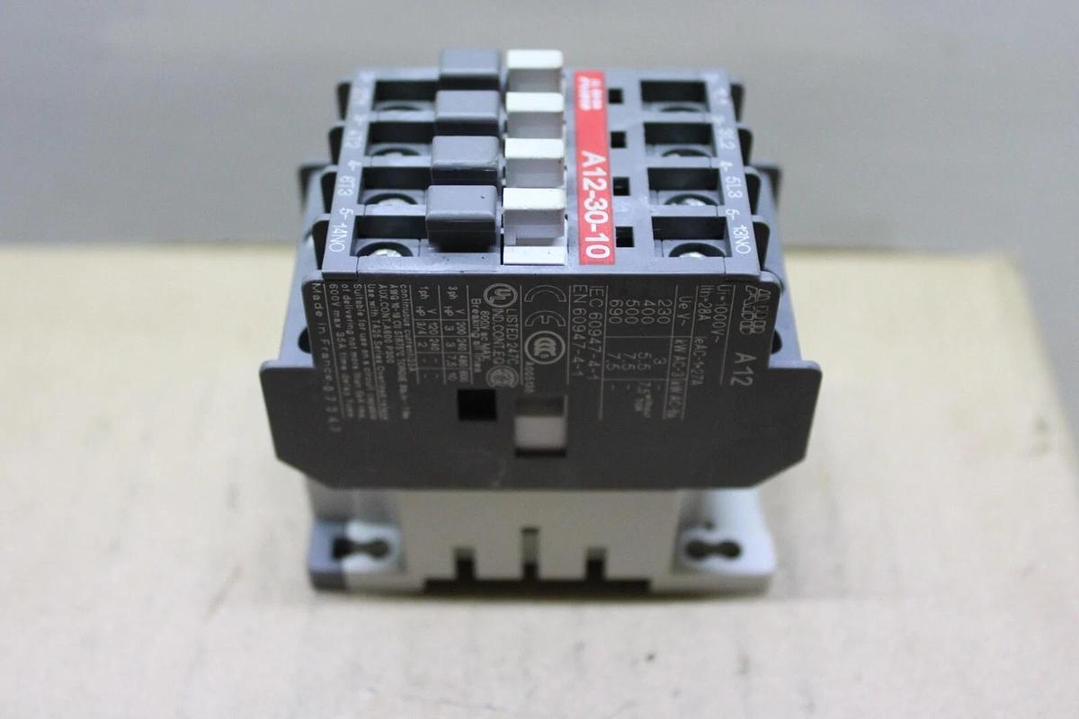 Used ABB CONTACTOR A12-30-10 25-28 AMP 600 VAC 10 HP 7.5 kW 3-POLE 3-PHASE COIL: 120V