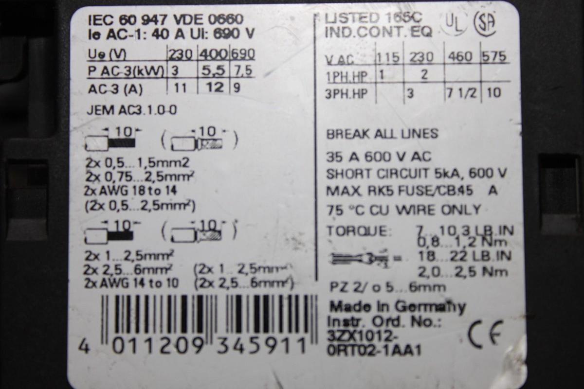 Used SIEMENS SIRIUS STARTER 3RT1024-1A..0 600 VOLT 35 AMP 10 HP W/ 3RU1126-1GB0