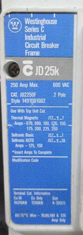 Used WESTINGHOUSE BREAKER JD2250F 200 AMP TRIP 600 VAC 2-POLE W/ LUGS **WARRANTY**