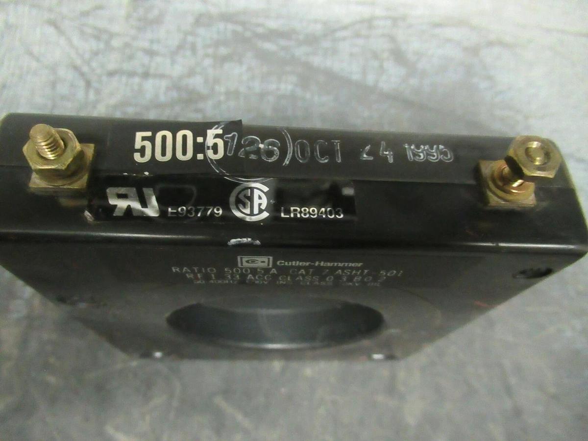 Used CUTLER HAMMER CURRENT TRANSFORMER ASHT-501 500:5 50-400 HZ 600 VOLTS