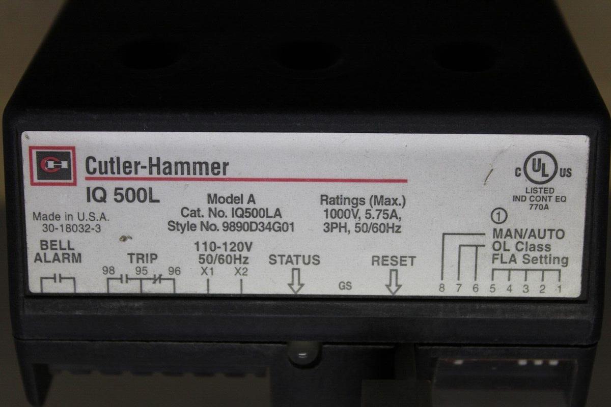 Used CUTLER HAMMER IQ-500 NEMA OVERLOAD RELAY MODULE IQ500LA 9890D34G01 1000V 5.75A