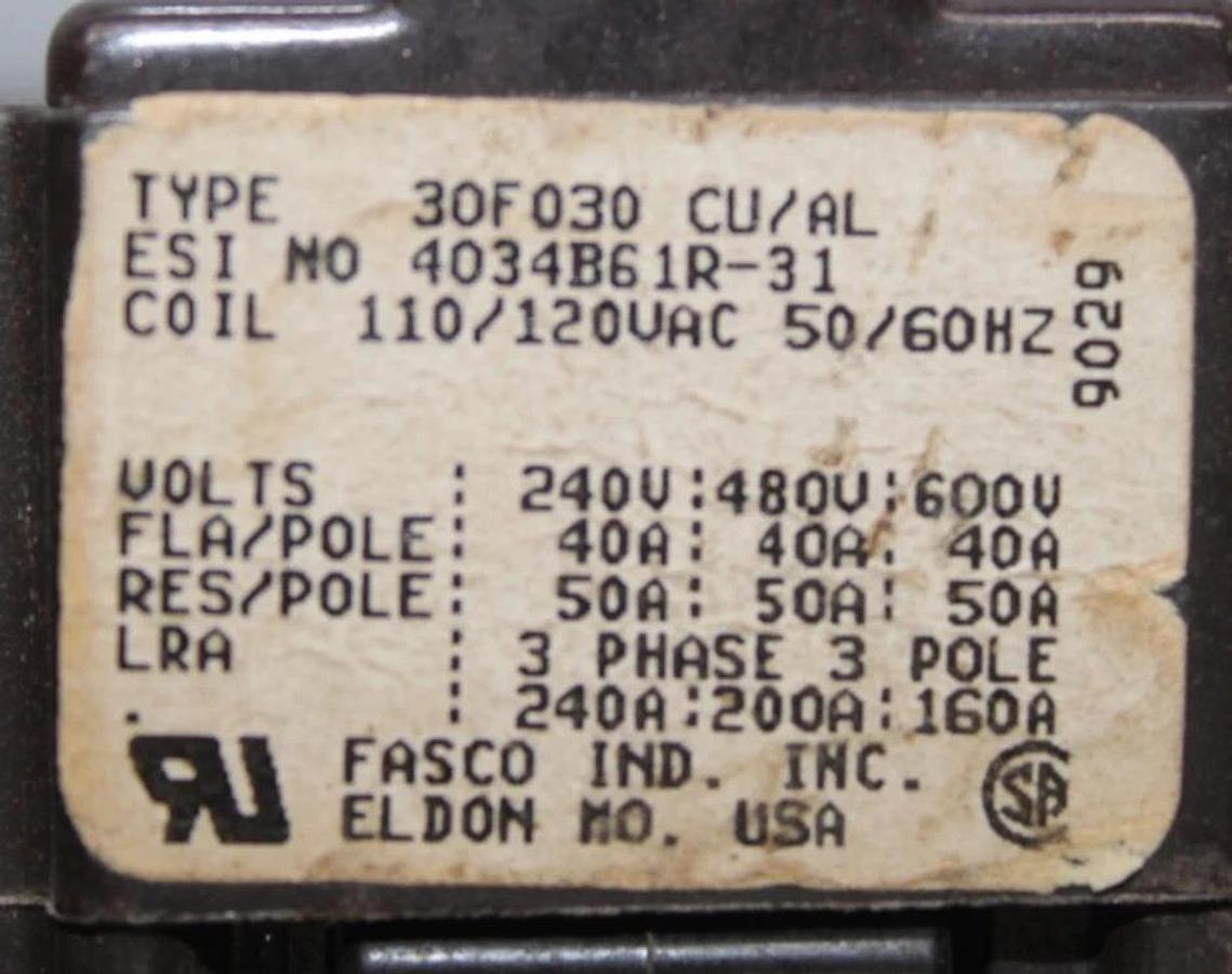 Used FASCO CONTACTOR 30F030 40 AMP 600 VOLT 3-PHASE 3-POLE COIL: 110/120 VOLT