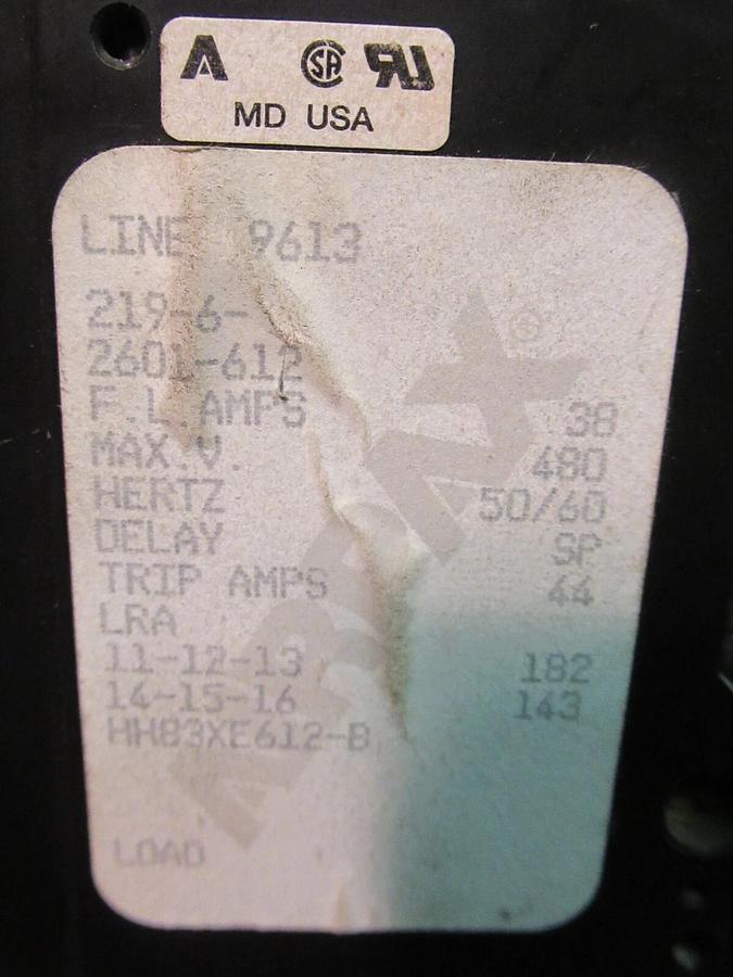 Used AIRPAX 6 POLE 38 AMP BREAKER 480 VAC LINE 9613 219-6-2601-612 HH83XE612-B 44 A