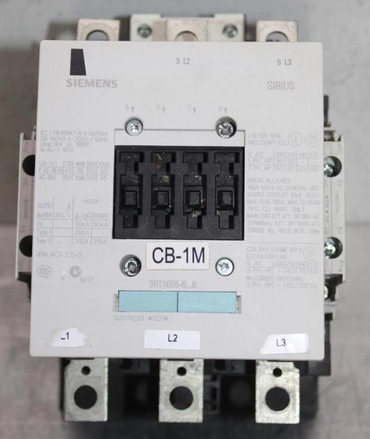 Used SIEMENS CONTACTOR 3RT1055-6...6 600 VAC 195 AMP 150 HP 3-POLE 3-PHASE COIL: 120V